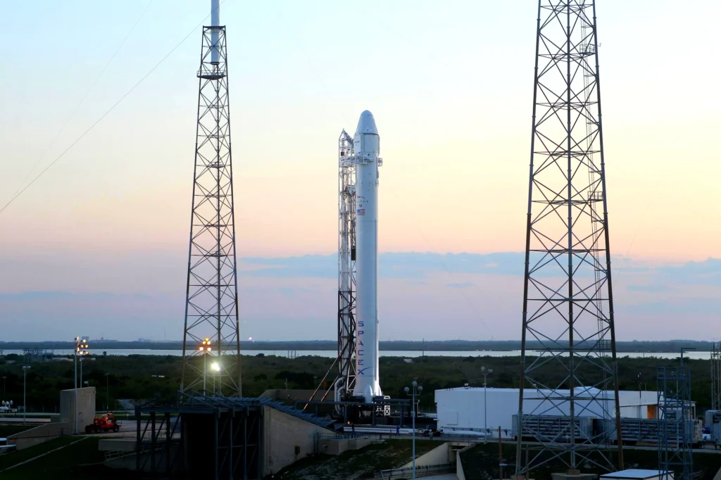 Rocket on launch pad at dusk Rocket on launch pad at dusk